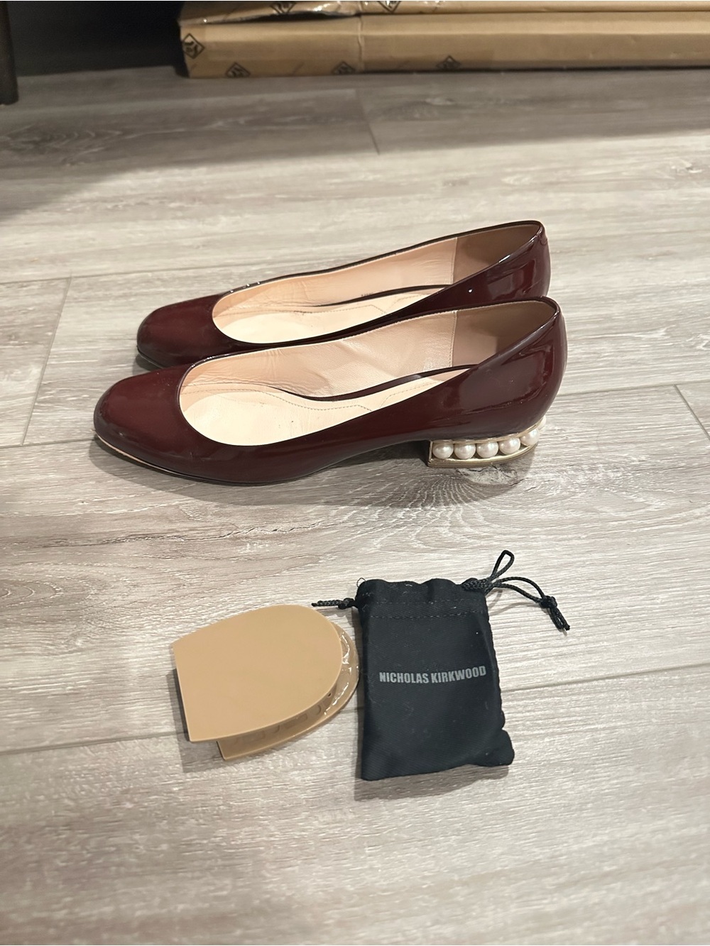 Nicholas Kirkwood Burgundy Patent Pearl-Embellished Flats